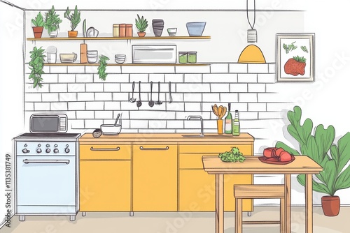 Modern kitchen interior with furniture and appliances 