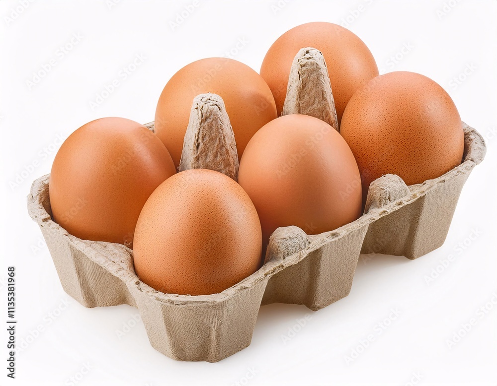 Ten chicken eggs lying in a paper box, isolated on a white background
