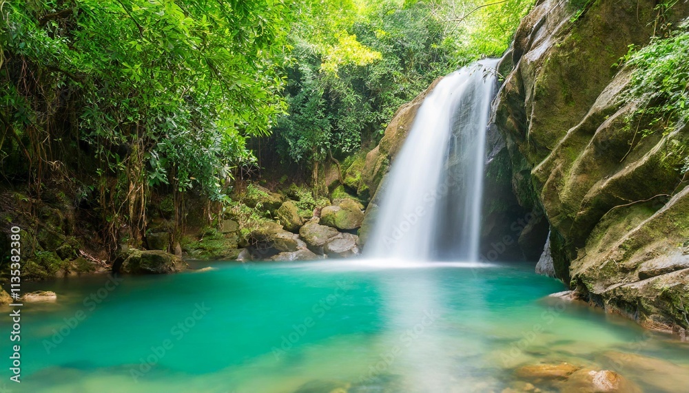 Obraz premium Hidden Waterfall Cascading into Emerald Pool Surrounded by Lush Jungle Vegetation