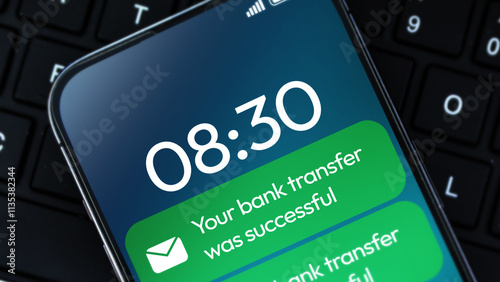 Bank transfer successful message notification on mobile screen in green with keyboard in the backdrop. Online banking concept with money transfer message design