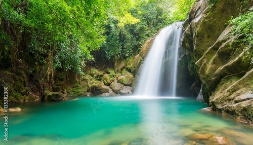 Hidden Waterfall Cascading into Emerald Pool Surrounded by Lush Jungle Vegetation