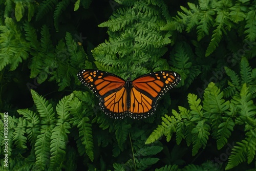 Monarch Butterfly On Fern (Danaus Plexippus)