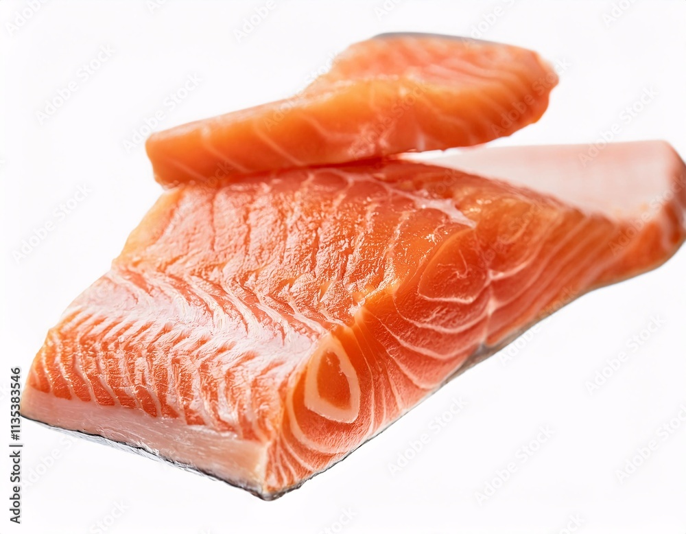 Pieces of fresh raw salmon floating in the air, isolated on white background. Pieces of fresh raw salmon floating in the air, isolated on white background.