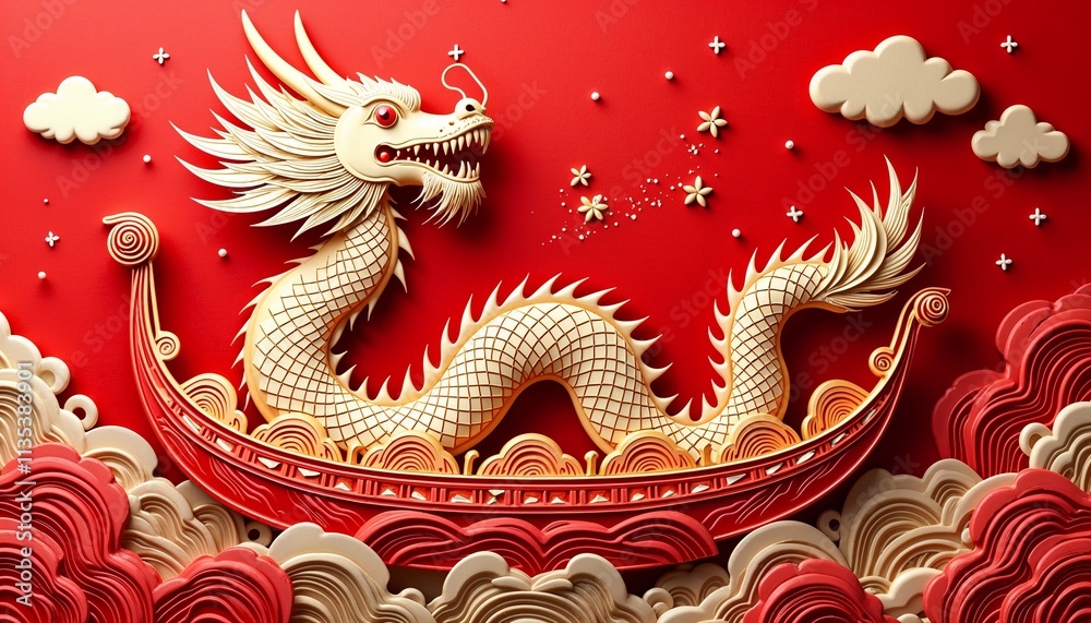 Obraz premium Festive Lunar New Year dragon boat illustration with ornate golden dragon, red waves, and symbolic clouds against a vibrant red backdrop