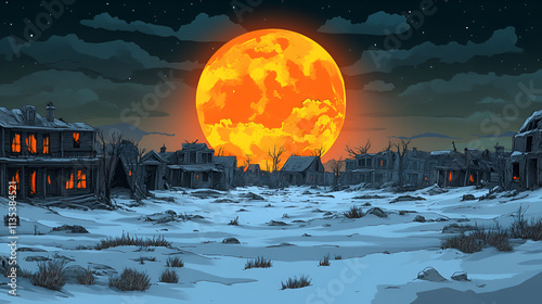 Desolate Winter Town Underneath a Giant Orange Moon