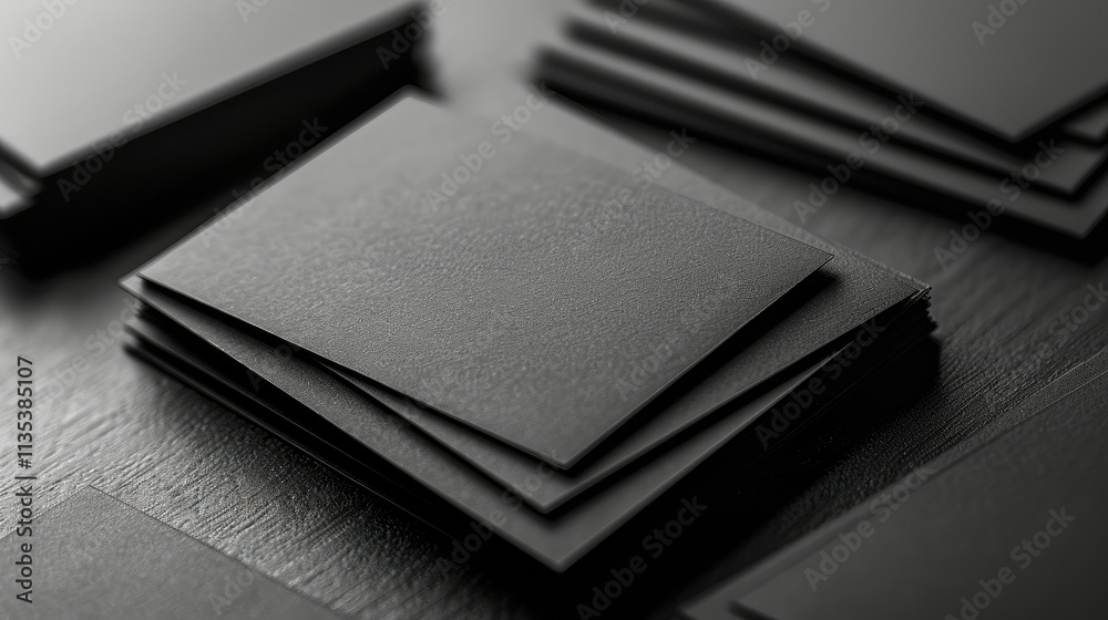 A close-up of stacked black cards on a dark surface, suggesting design or business use.