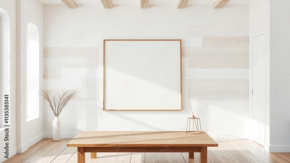 Blank canvas template resting on a rustic wood table in a bright white room, mockup, presentation, interior Blank canvas template resting on a rustic wood table in a bright white room, mockup, presentation, interior