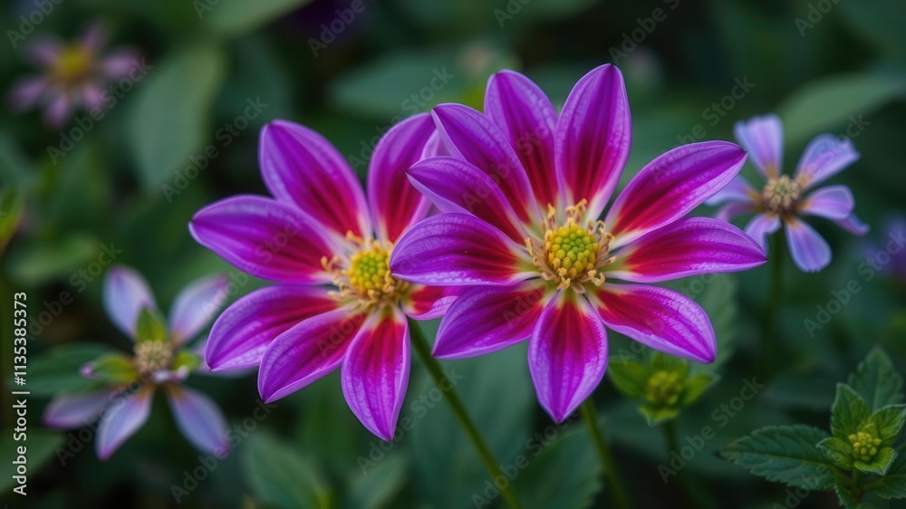 Close up shot of vibrant purple flower petals and delicate green leaves in a natural setting, green, petals Close up shot of vibrant purple flower petals and delicate green leaves in a natural setting, green, petals
