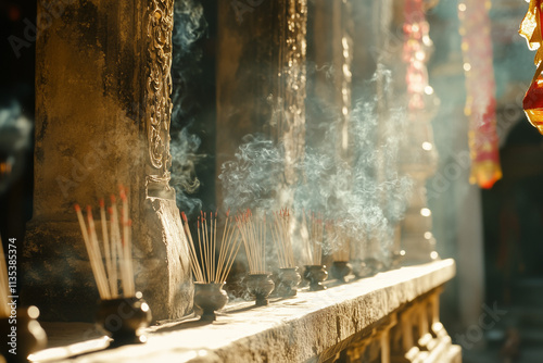 Sunlit incense sticks burning in ornate bronze vessels, surrounded by glowing smoke inside a traditional temple during Lunar New Year ceremonial prayers photo