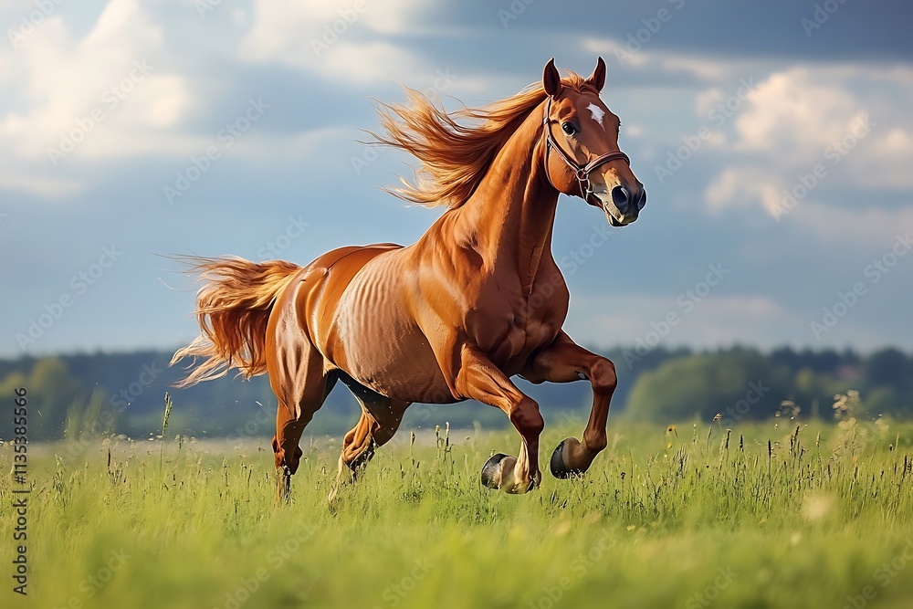Chestnut horse running across wide open field mane flying summer sun highlighting its beauty Chestnut horse running across wide open field mane flying summer sun highlighting its beauty