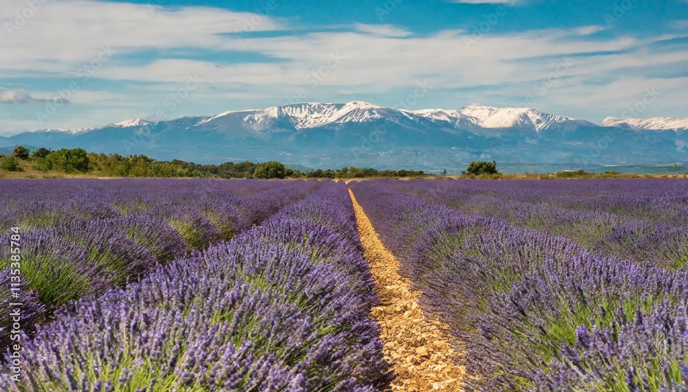 Naklejka premium Vast Lavender Fields in Full Bloom Stretching Towards Snow-Capped Mountains