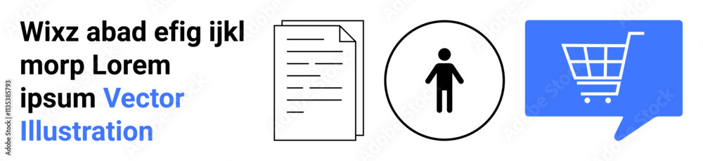 Documents, user icon, shopping cart in speech bubble, and text Vector Illustration. Ideal for digital services, online shopping, user management, e-commerce, digital documentation, web design Documents, user icon, shopping cart in speech bubble, and text Vector Illustration. Ideal for digital services, online shopping, user management, e-commerce, digital documentation, web design