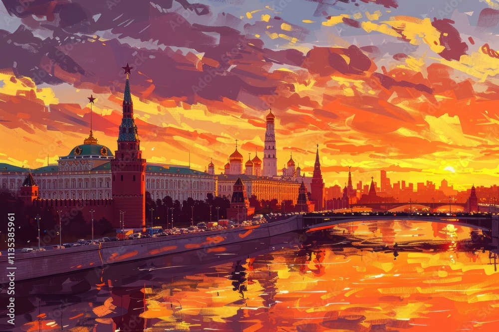 Naklejka premium Artistic illustration of Moscow, Russia at dusk with glowing city lights
