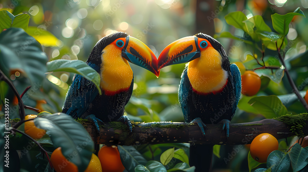 Obraz premium Toucans in Love: A vibrant pair of toucans with their iconic large beaks, nestled amidst lush foliage, engage in a tender embrace.