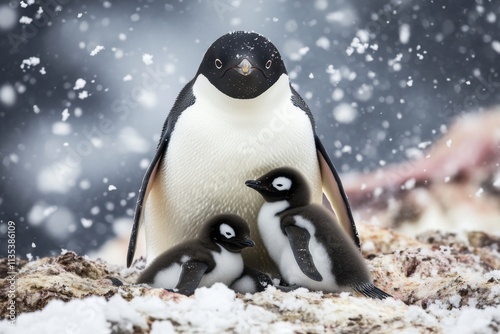 Snowflakes and Adelie (Pygoscelis adeliae) penguins with chicks on Torguson Island 