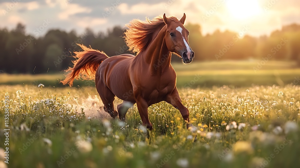 Obraz premium Chestnut horse running through green meadow bright summer sunlight vibrant pasture natural beauty in motion