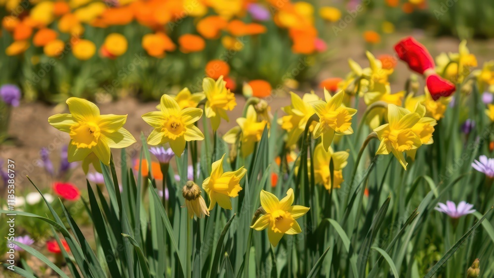 Vibrant daffodil flowers blooming in a vast field under the bright sun, flowers, sunny garden, outdoor Vibrant daffodil flowers blooming in a vast field under the bright sun, flowers, sunny garden, outdoor