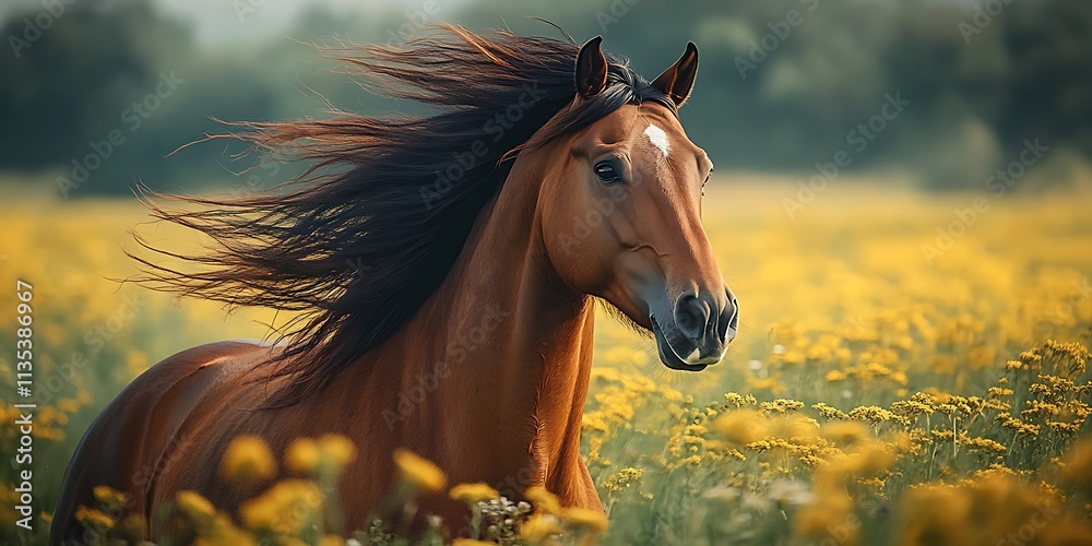 Obraz premium Closeup of bay gelding's head mane blowing in the wind green pasture backdrop natural equine beauty