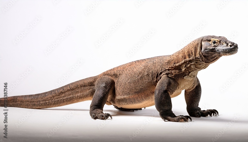 Fototapeta premium 白い背景に立つコモドドラゴン、鮮やかな鱗とディテールが引き立つシンプルで力強いデザイン
