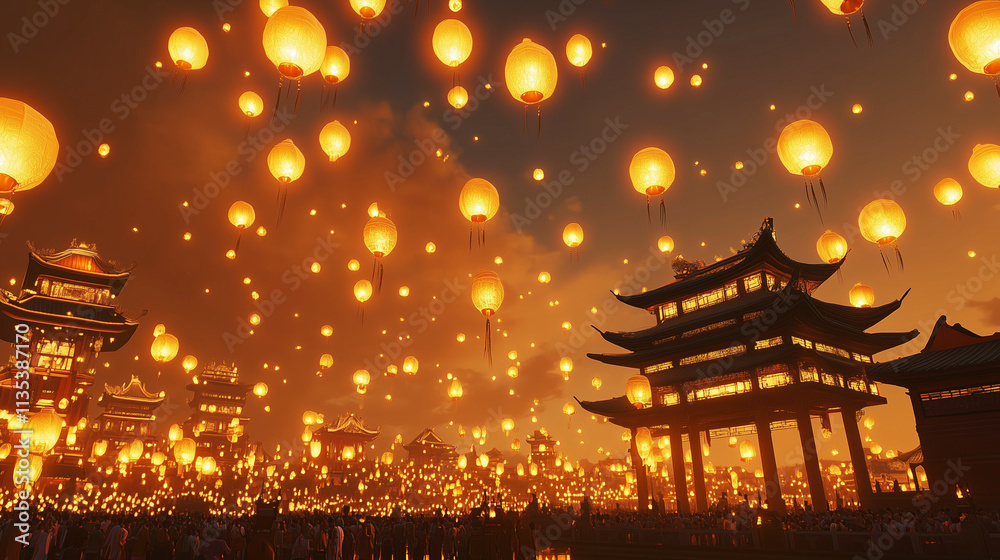 Thousands of glowing sky lanterns illuminating the night sky over a ...