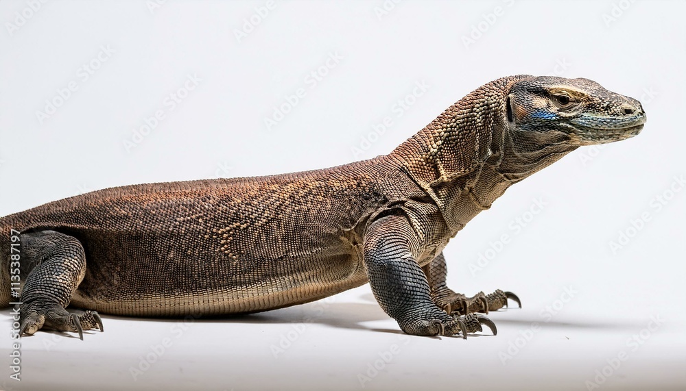 Obraz premium 白い背景に堂々と立つコモドドラゴン、鮮明な鱗の質感とディテールが際立つシンプルな構図