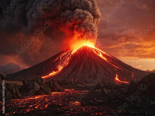 A dramatic photorealistic view of an erupting volcano at sunset, with fiery lava flows, billowing smoke, and ash clouds filling the glowing sky. Generative AI