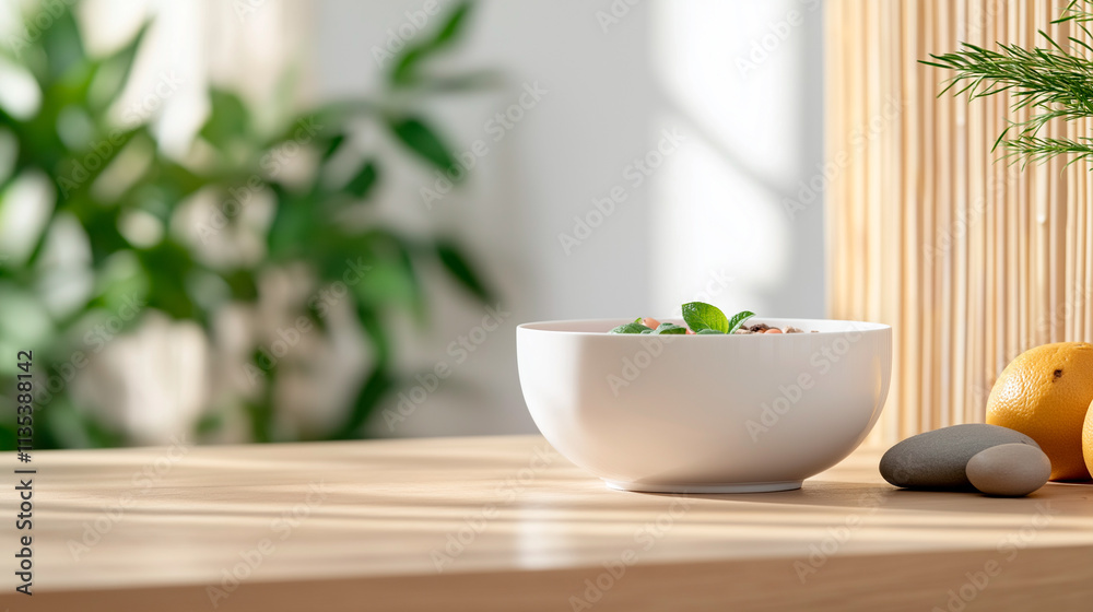 A peaceful zen space with a detox smoothie bowl in the center, surrounded by fresh fruits and natural elements like bamboo and stones. A peaceful zen space with a detox smoothie bowl in the center, surrounded by fresh fruits and natural elements like bamboo and stones.