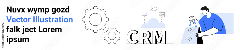 CRM text with gears, cloud infrastructure, data servers, and person scanning items. Ideal for customer relation management, automation, marketing strategies, purchase management, tech solutions CRM text with gears, cloud infrastructure, data servers, and person scanning items. Ideal for customer relation management, automation, marketing strategies, purchase management, tech solutions