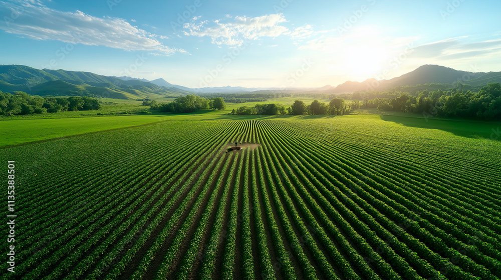 A rural farm with rows of green vegetables growing under clear skies. 