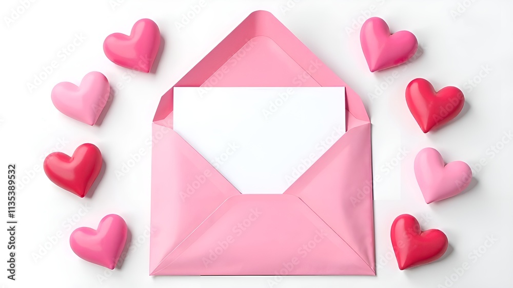 Pink paper envelope with blank white note mockup inside and Valentines hearts on white background Pink paper envelope with blank white note mockup inside and Valentines hearts on white background