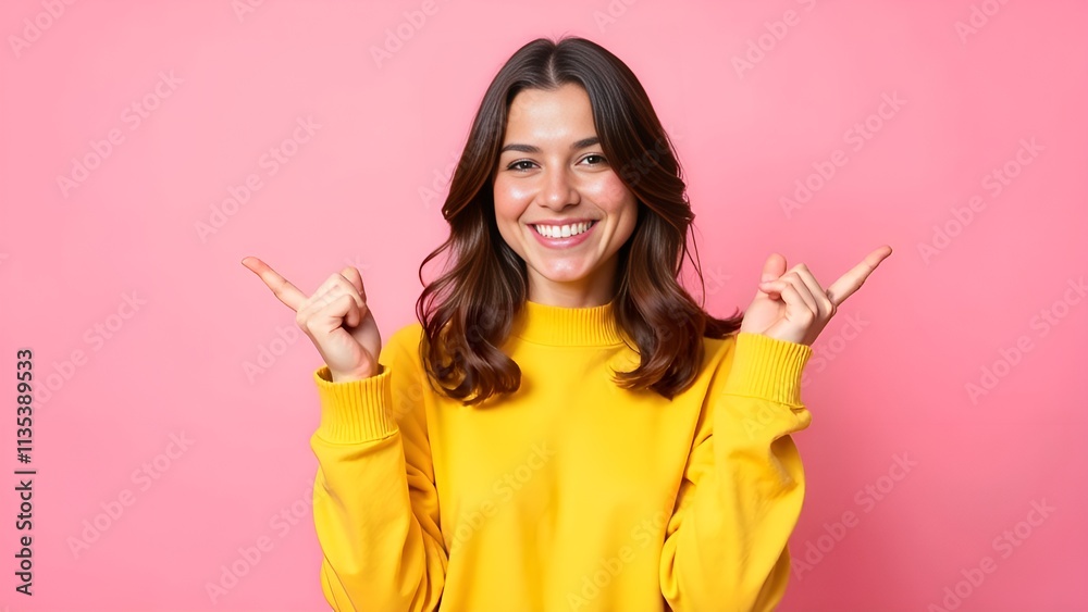 cheerful woman with long brown hair wearing a yellow sweater poses against a pink background. She is smiling brightly and gesturing playfully with her hands, creating a fun and vibrant atmosphere cheerful woman with long brown hair wearing a yellow sweater poses against a pink background. She is smiling brightly and gesturing playfully with her hands, creating a fun and vibrant atmosphere