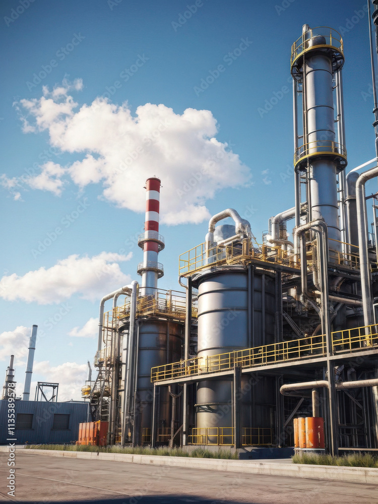A photorealistic industrial scene showcasing large metallic storage tanks with yellow safety railings, under a clear blue sky. Generative AI A photorealistic industrial scene showcasing large metallic storage tanks with yellow safety railings, under a clear blue sky. Generative AI