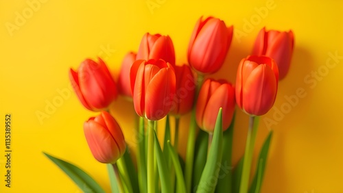 Bouquet of red tulips on a yellow background