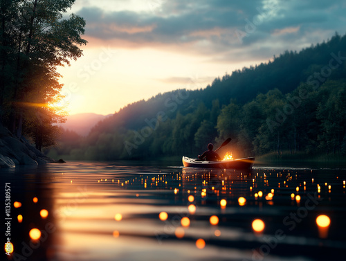 A fairy tale scene: a person kayaking through roaring rapids, with a golden light. photo