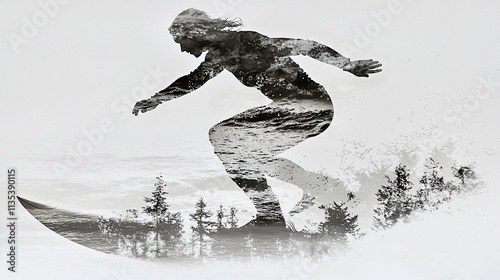 Surfer silhouette double exposure with ocean and forest.