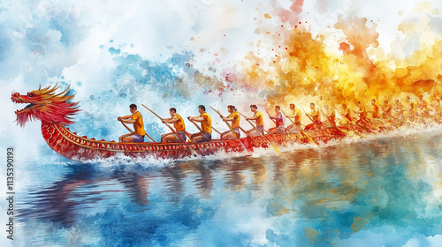Stunning watercolor depiction of a dragon boat race with participants rowing through colorful waves, celebrating strength and unity during Lunar New Year