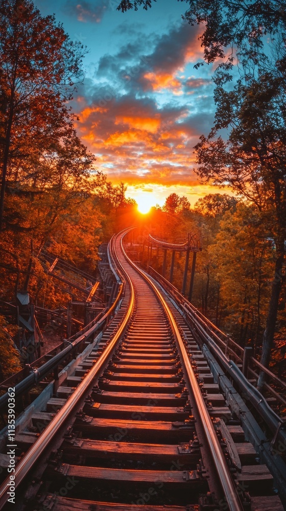 Fototapeta premium A train track with a sunset in the background