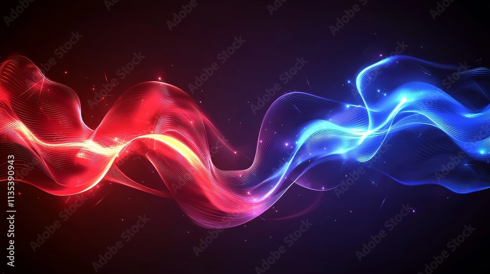 Abstract flowing waves in red and blue on a dark background. Abstract flowing waves in red and blue on a dark background.
