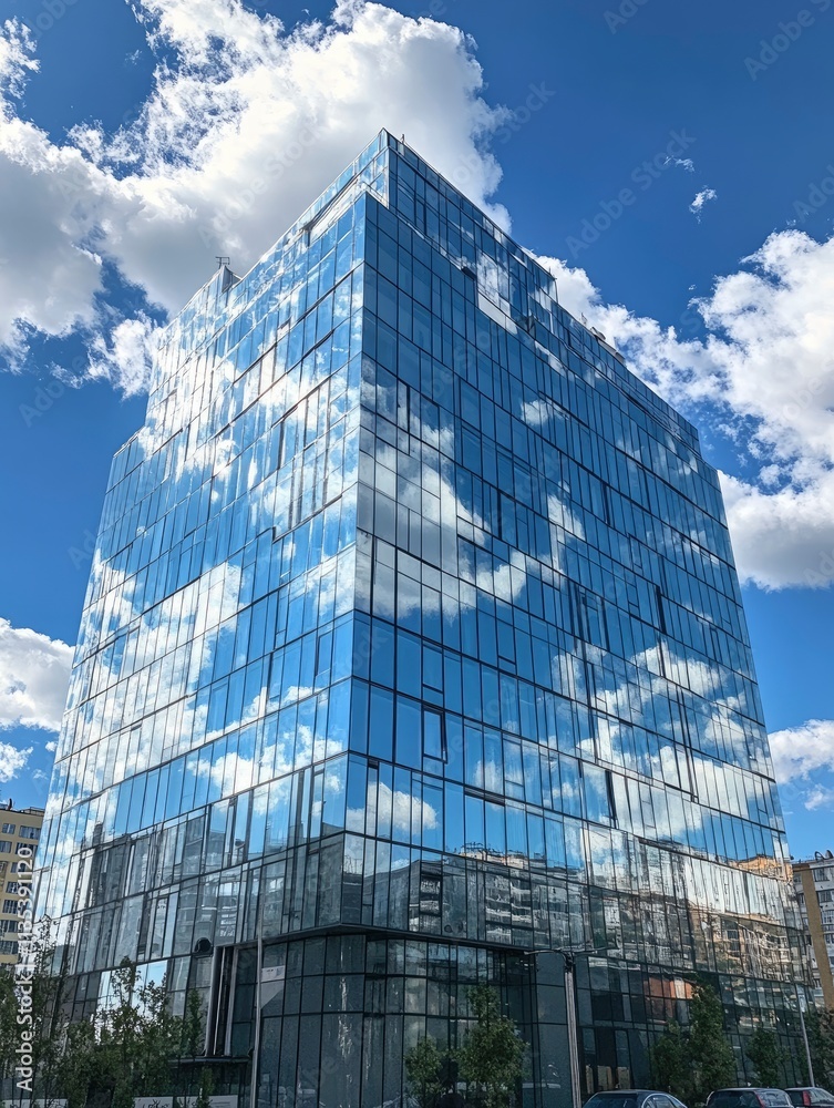 Fototapeta premium Glass facade of the building with a blue sky and white clouds