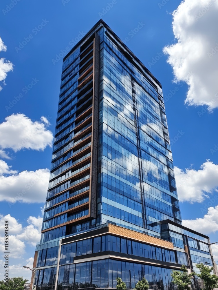 Fototapeta premium Glass facade of the building with a blue sky and white clouds