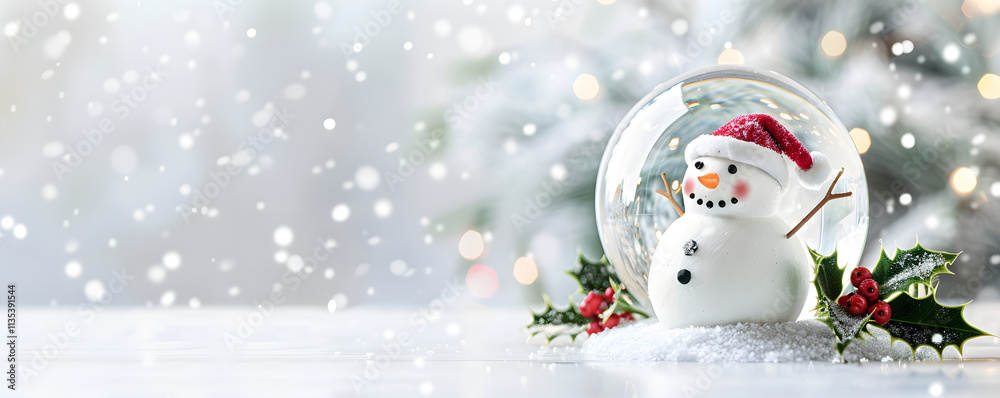 Snow globe with snowman, holly plant, Christmas tree in snow on blurred lights background. Banner with New Year winter scene. 3d  holidays concept. Design for greeting card, invitation with copy space