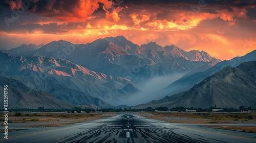 A dramatic sunset over a mountain landscape with a runway in the foreground.