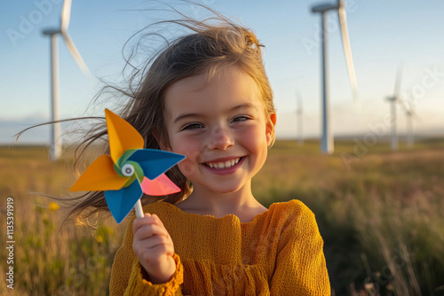 Joyful child spinning a colorful pinwheel against a wind turbine backdrop photo