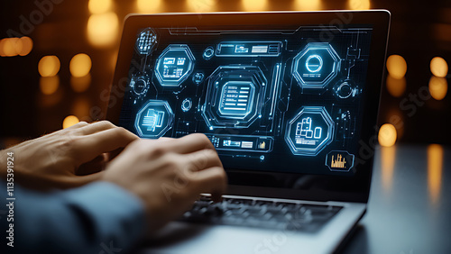 Businessman's hands work on a laptop, the laptop screen displays different data and maps, realistic
