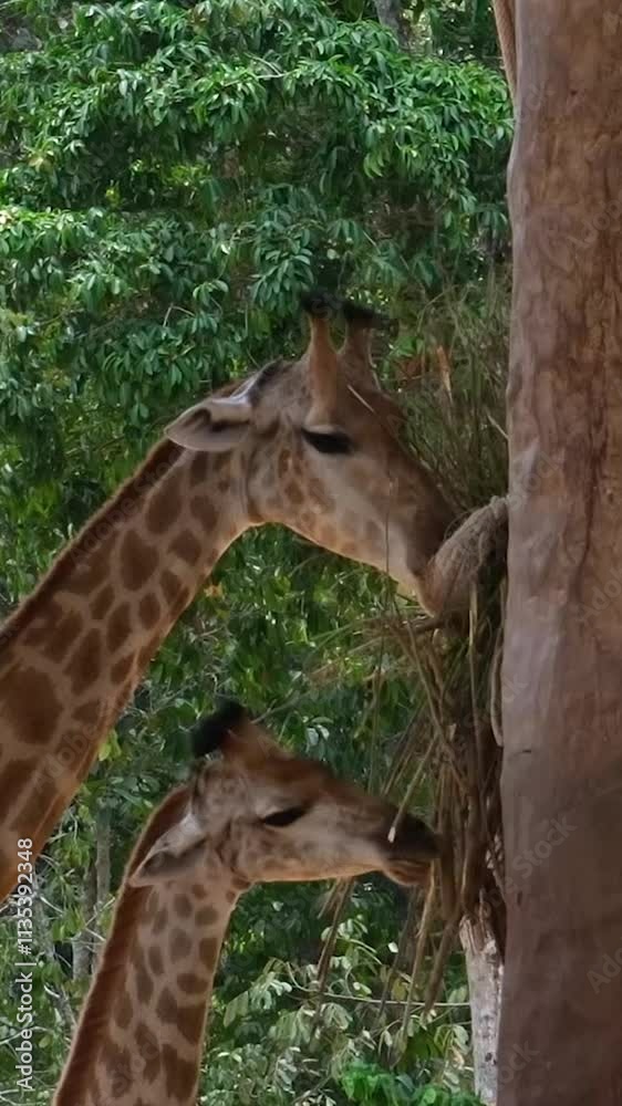 giraffes stand together under a tree in a grassy zoo enclosure, enjoying the shade in a natural setting on a sunny day. Khao Kheow Open Zoo Thailand. giraffes stand together under a tree in a grassy zoo enclosure, enjoying the shade in a natural setting on a sunny day. Khao Kheow Open Zoo Thailand.