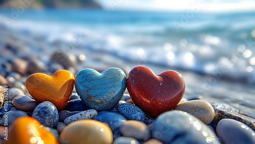 Colorful heart shaped pebbles, blurry blue beach background
