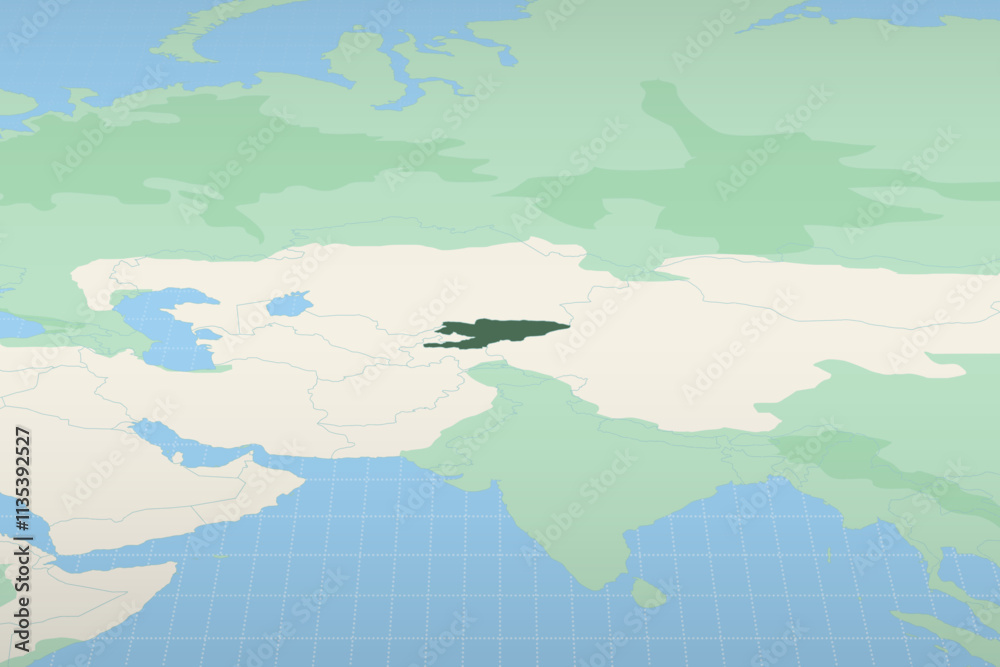 Kyrgyzstan highlighted on a detailed map, geographic location of Kyrgyzstan. Kyrgyzstan highlighted on a detailed map, geographic location of Kyrgyzstan.