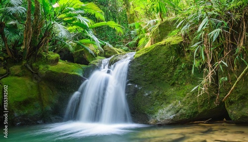 Lush Tropical Jungle with Vibrant Green Foliage Surrounding Serene Hidden Waterfall