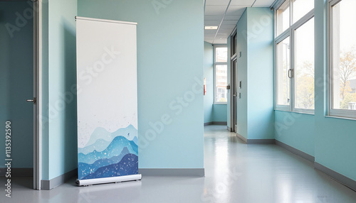 Vertical Banner Mockup Copy Space Blank roll-up banner with blue wave design in hallway