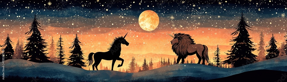 Magical encounter unicorn and lion under full moon enchanted forest digital art twilight fantasy concept Magical encounter unicorn and lion under full moon enchanted forest digital art twilight fantasy concept